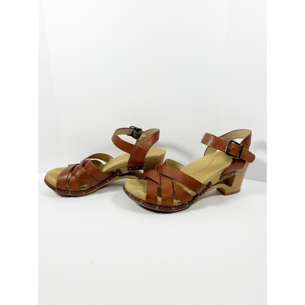 Dansko Strappy Leather Sandals Wood Wedge Heel Ankle Buckle Brown Comfort 37/7
